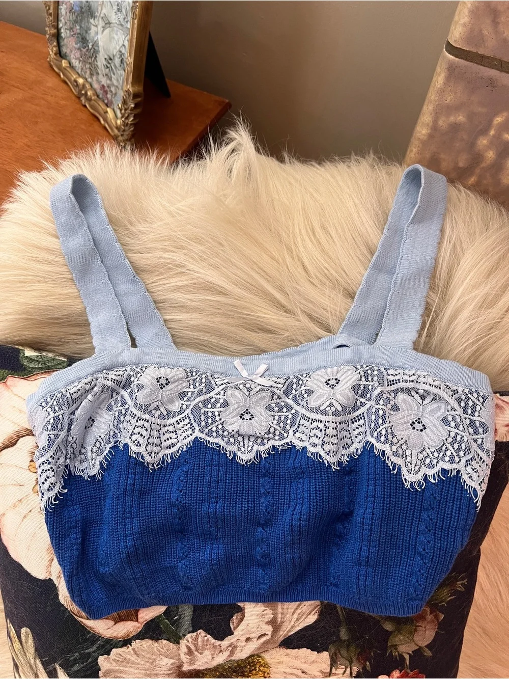 Anthropologie LyreBirdBlue Knit Lace-Trim Bandeau Top - Picture 3 of 5